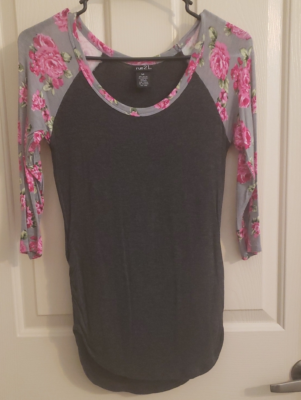 rue21 Dark Gray Raglan Top with Pink Floral Sleeves
